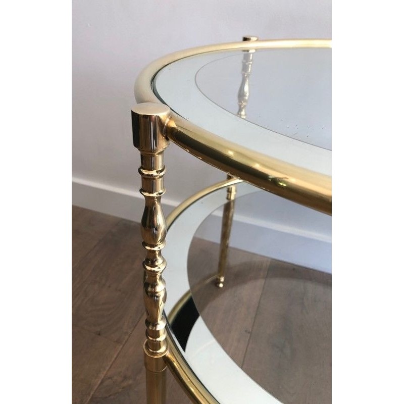 Round Brass Side Table with Glass and Silvered Mirror Shelves, French Work, Circa 1970