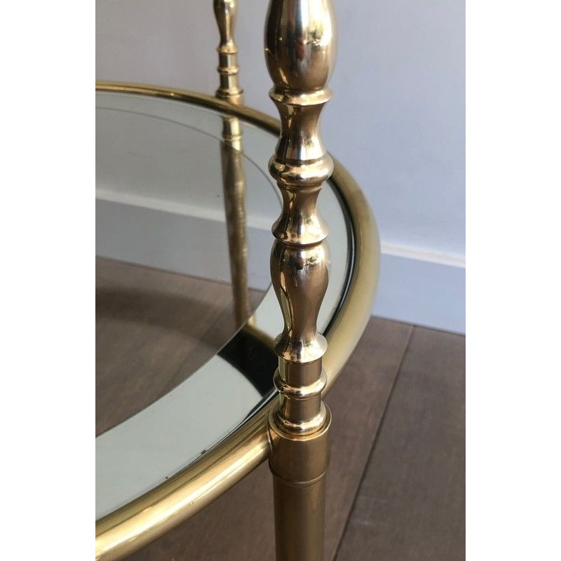 Round Brass Side Table with Glass and Silvered Mirror Shelves, French Work, Circa 1970