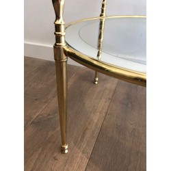 Petit Guéridon Rond en Laiton à Plateaux de Verre Entourés de Miroir Argenté