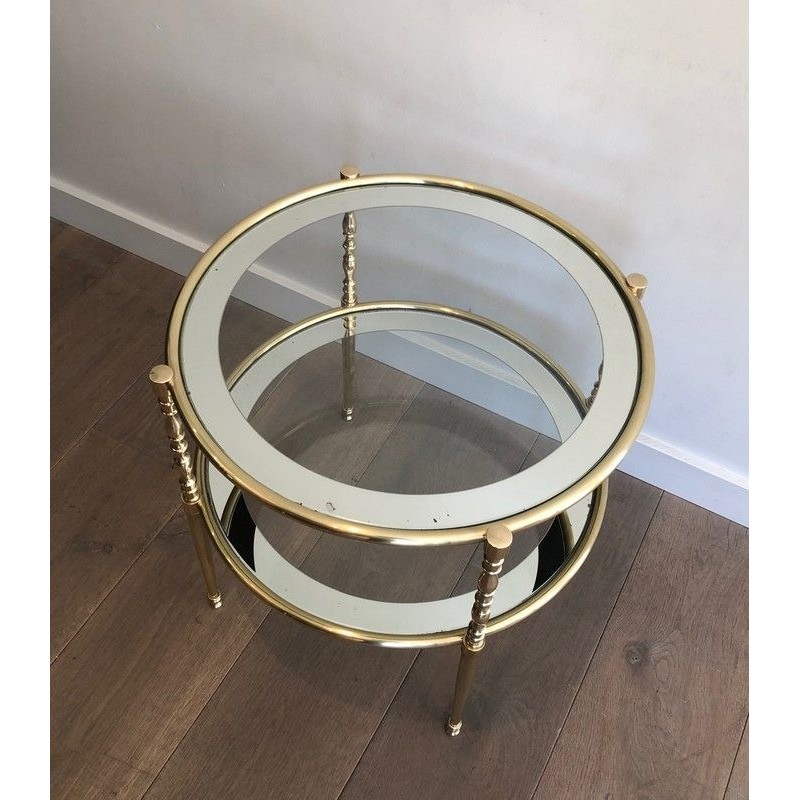 Round Brass Side Table with Glass and Silvered Mirror Shelves, French Work, Circa 1970