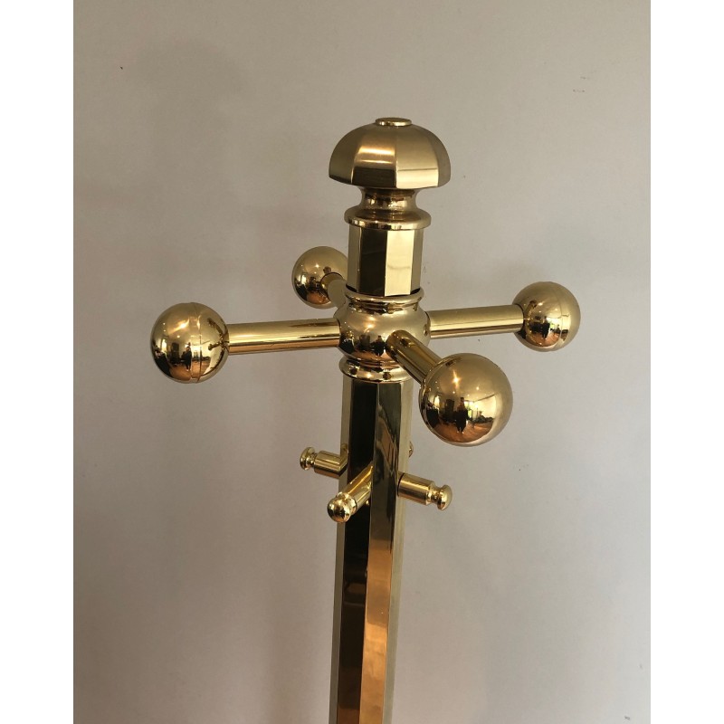 Brass Coat Rack on Round Marble Base, French Work, Circa 1970