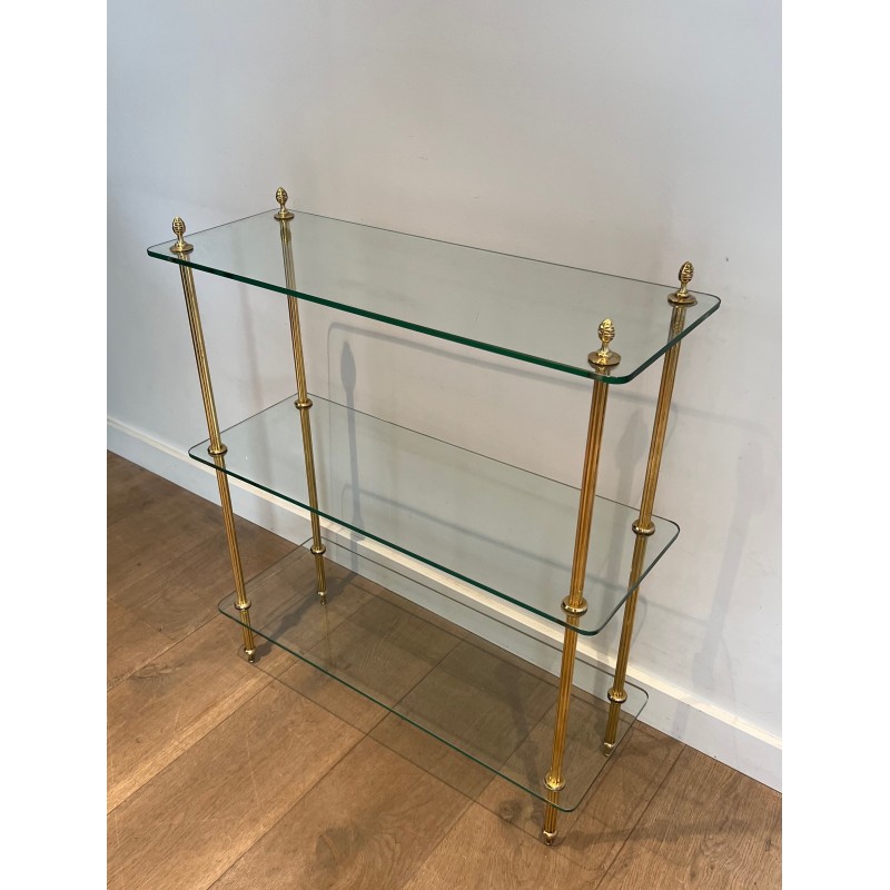 Brass Shelving Unit with Thick Glass Slab Shelves by Maison Jansen, French Work, Circa 1940