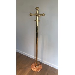 Brass Coat Rack on Round Marble Base, French Work, Circa 1970