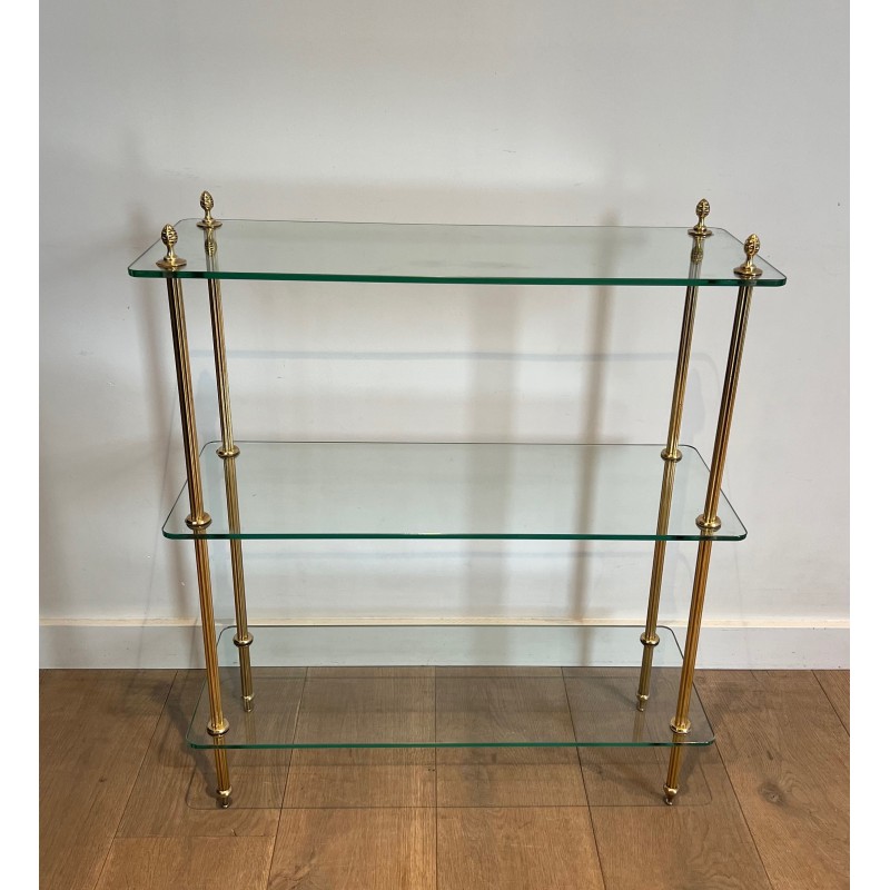 Brass Shelving Unit with Thick Glass Slab Shelves by Maison Jansen, French Work, Circa 1940