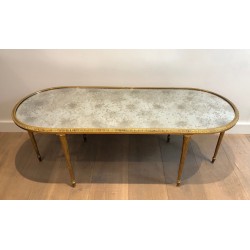 Table Basse en Bronze Façon Faux-Bambou à Plateau de Miroir Églomisé de la Maison Baguès, Travail Français, Vers 1940