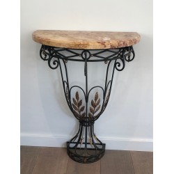 Rare Small Demi-Lune Wrought Iron Console with Leaf and Arrow Décor and Marble Top, French Work, Circa 1940