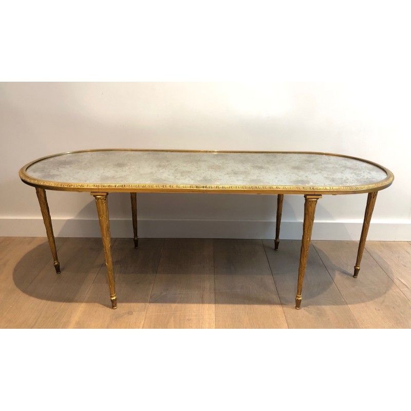 Table Basse en Bronze Façon Faux-Bambou à Plateau de Miroir Églomisé de la Maison Baguès, Travail Français, Vers 1940