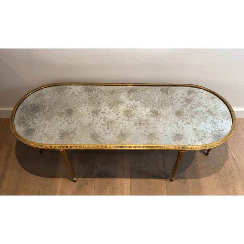 Table Basse en Bronze Façon Faux-Bambou à Plateau de Miroir Églomisé de la Maison Baguès, Travail Français, Vers 1940