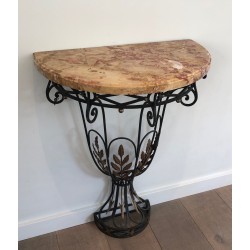 Rare Petite Console Demi-Lune en Fer Forgé à Décors de Feuilles et Flèches et Plateau de Marbre, Travail Français, Vers 1940