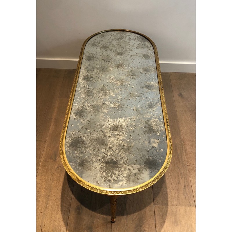 Faux-Bamboo Bronze Coffee Table with Églomisé Mirror Top by Maison Baguès, French Work, Circa 1940