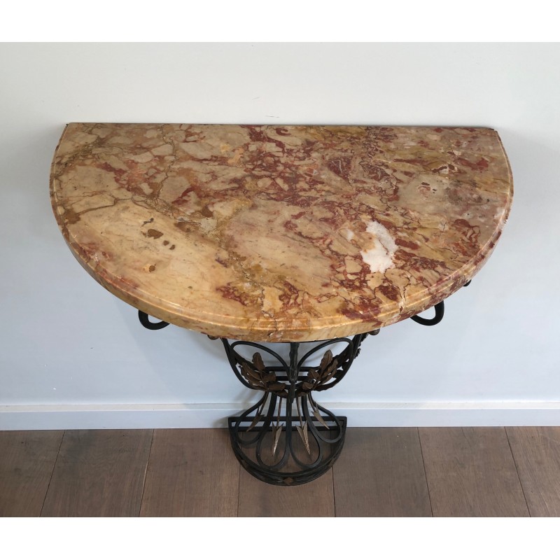 Rare Petite Console Demi-Lune en Fer Forgé à Décors de Feuilles et Flèches et Plateau de Marbre, Travail Français, Vers 1940