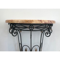 Rare Petite Console Demi-Lune en Fer Forgé à Décors de Feuilles et Flèches et Plateau de Marbre, Travail Français, Vers 1940