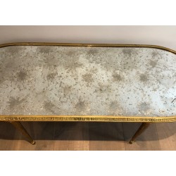 Faux-Bamboo Bronze Coffee Table with Églomisé Mirror Top by Maison Baguès, French Work, Circa 1940