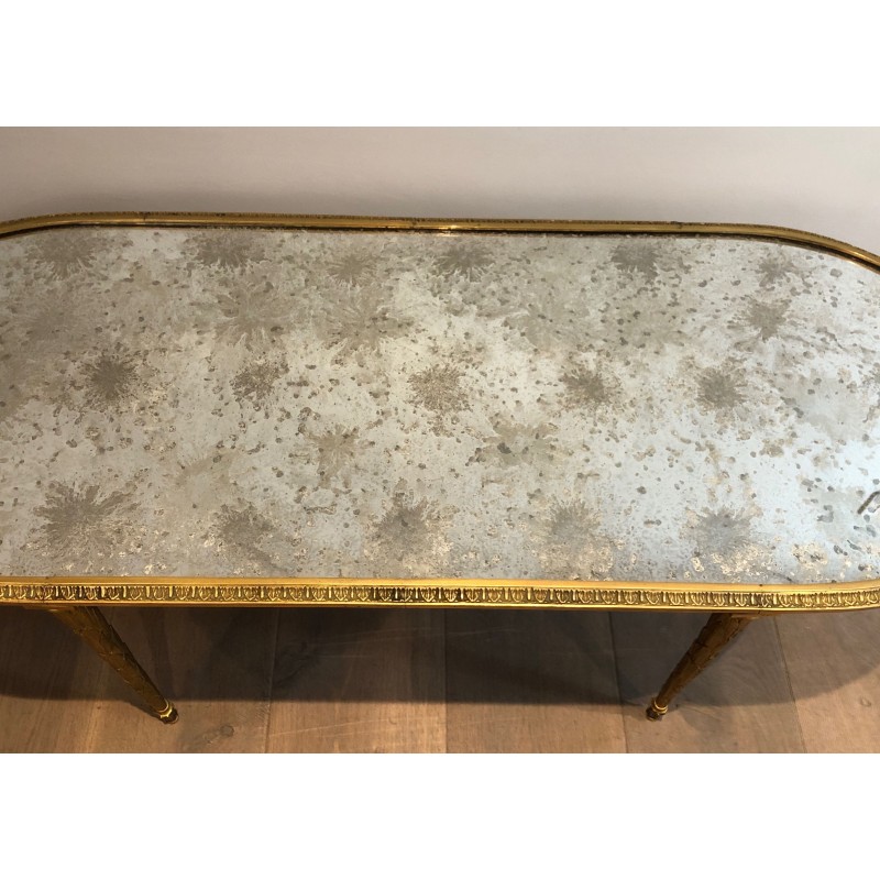 Table Basse en Bronze Façon Faux-Bambou à Plateau de Miroir Églomisé de la Maison Baguès, Travail Français, Vers 1940