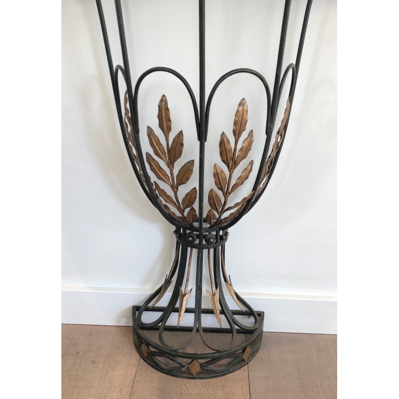 Rare Petite Console Demi-Lune en Fer Forgé à Décors de Feuilles et Flèches et Plateau de Marbre, Travail Français, Vers 1940