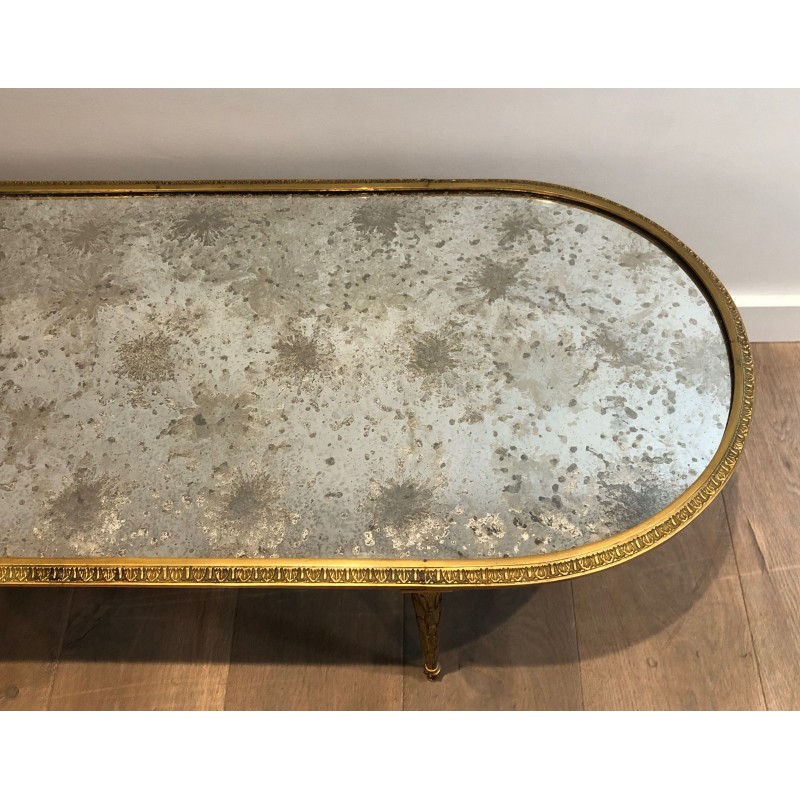 Faux-Bamboo Bronze Coffee Table with Églomisé Mirror Top by Maison Baguès, French Work, Circa 1940