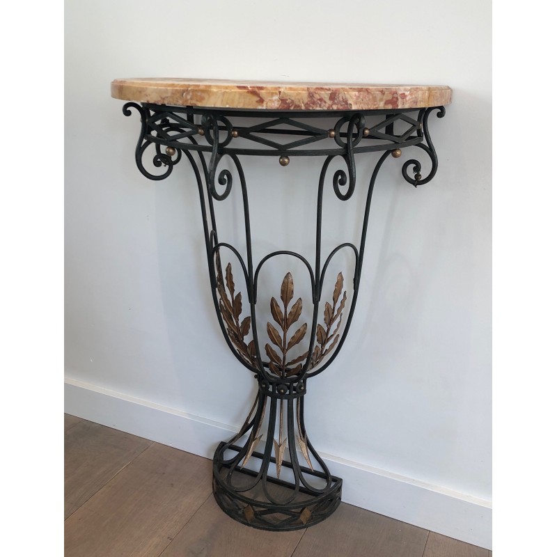 Rare Small Demi-Lune Wrought Iron Console with Leaf and Arrow Décor and Marble Top, French Work, Circa 1940