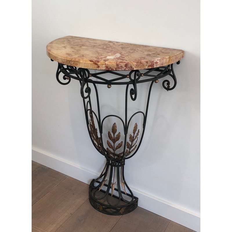 Rare Small Demi-Lune Wrought Iron Console with Leaf and Arrow Décor and Marble Top, French Work, Circa 1940