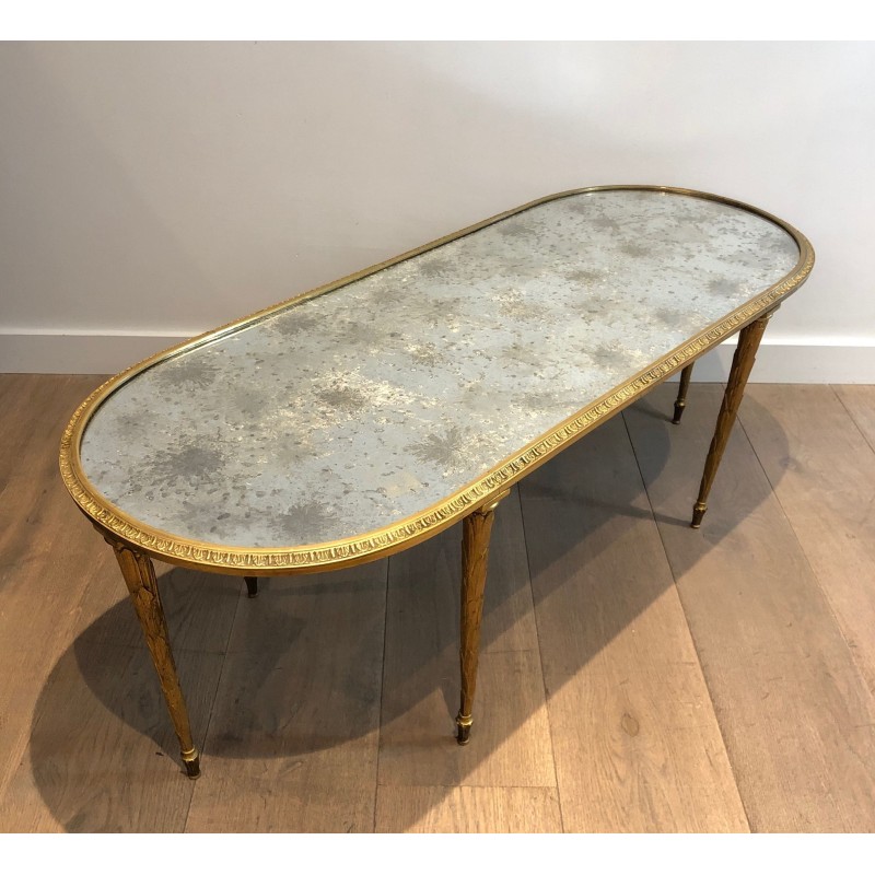 Table Basse en Bronze Façon Faux-Bambou à Plateau de Miroir Églomisé de la Maison Baguès, Travail Français, Vers 1940