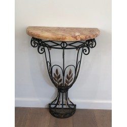 Rare Small Demi-Lune Wrought Iron Console with Leaf and Arrow Décor and Marble Top, French Work, Circa 1940