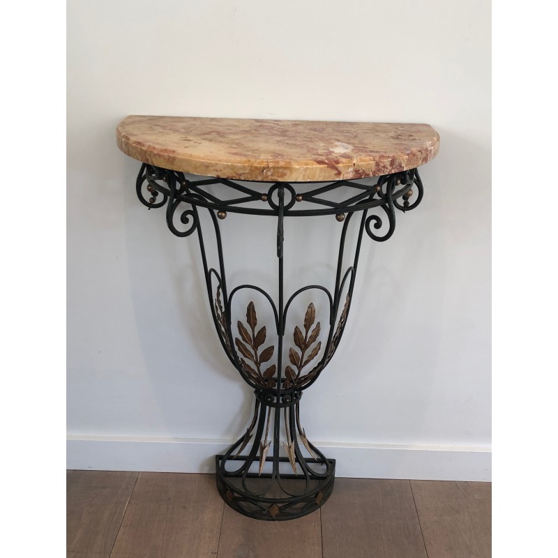 Rare Small Demi-Lune Wrought Iron Console with Leaf and Arrow Décor and Marble Top, French Work, Circa 1940