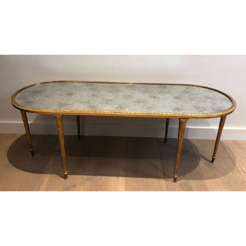 Faux-Bamboo Bronze Coffee Table with Églomisé Mirror Top by Maison Baguès, French Work, Circa 1940
