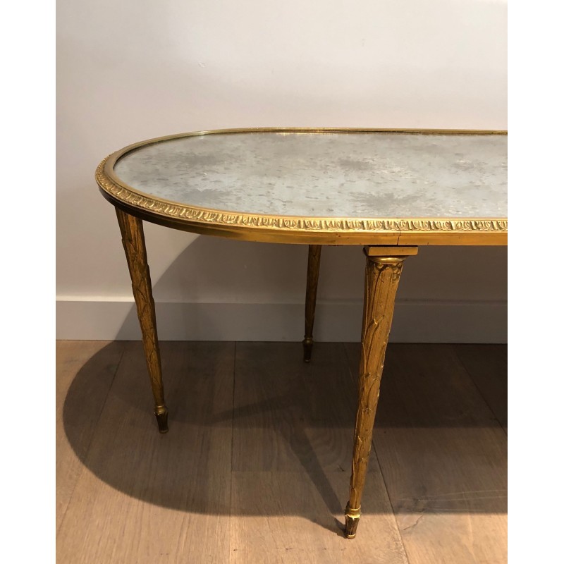 Faux-Bamboo Bronze Coffee Table with Églomisé Mirror Top by Maison Baguès, French Work, Circa 1940