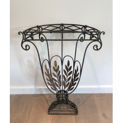 Rare Small Demi-Lune Wrought Iron Console with Leaf and Arrow Décor and Marble Top, French Work, Circa 1940
