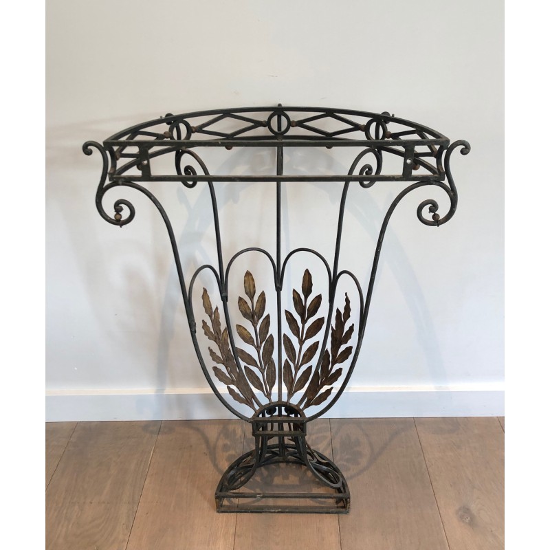 Rare Petite Console Demi-Lune en Fer Forgé à Décors de Feuilles et Flèches et Plateau de Marbre, Travail Français, Vers 1940