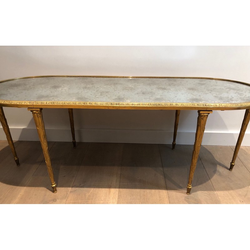 Faux-Bamboo Bronze Coffee Table with Églomisé Mirror Top by Maison Baguès, French Work, Circa 1940