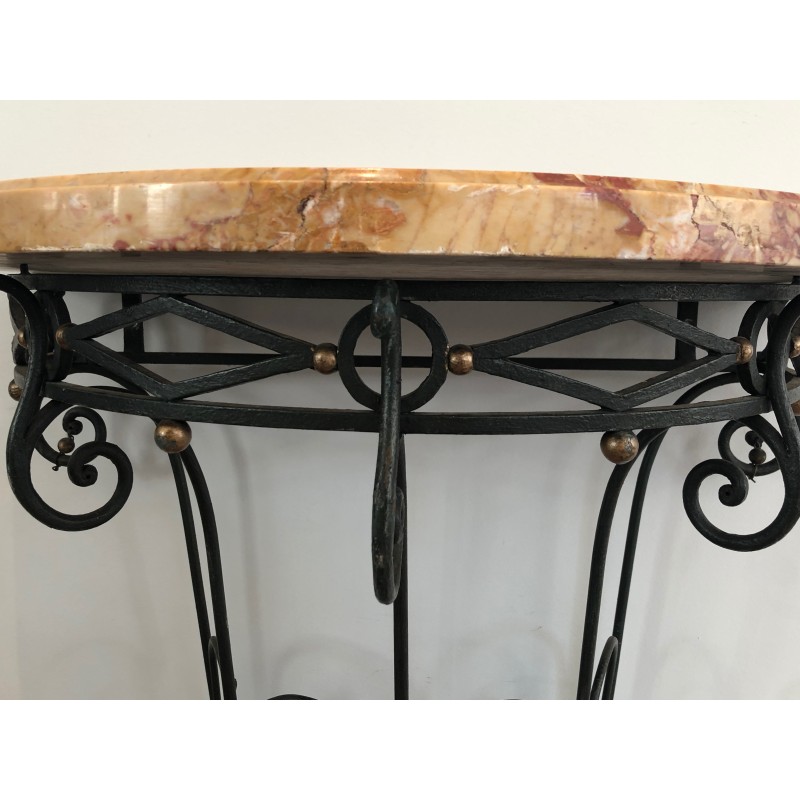 Rare Petite Console Demi-Lune en Fer Forgé à Décors de Feuilles et Flèches et Plateau de Marbre, Travail Français, Vers 1940
