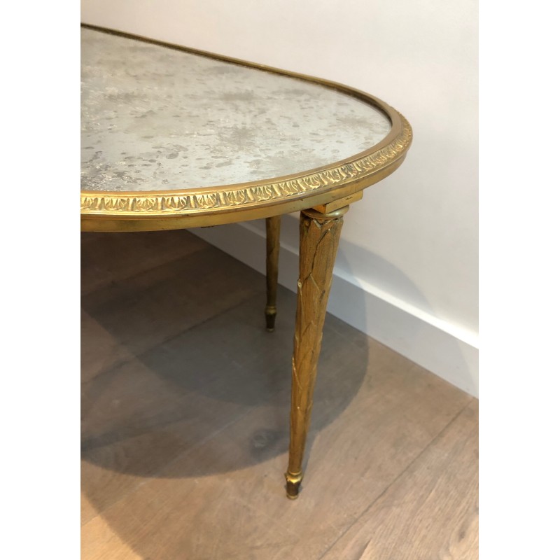 Faux-Bamboo Bronze Coffee Table with Églomisé Mirror Top by Maison Baguès, French Work, Circa 1940