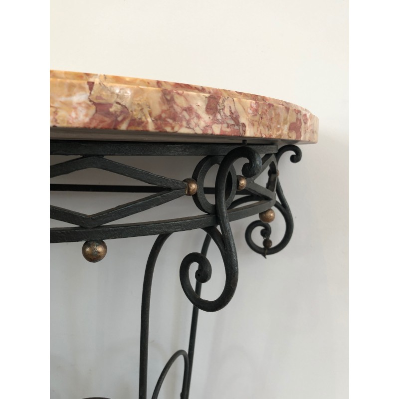 Rare Petite Console Demi-Lune en Fer Forgé à Décors de Feuilles et Flèches et Plateau de Marbre, Travail Français, Vers 1940