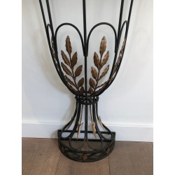 Rare Petite Console Demi-Lune en Fer Forgé à Décors de Feuilles et Flèches et Plateau de Marbre, Travail Français, Vers 1940