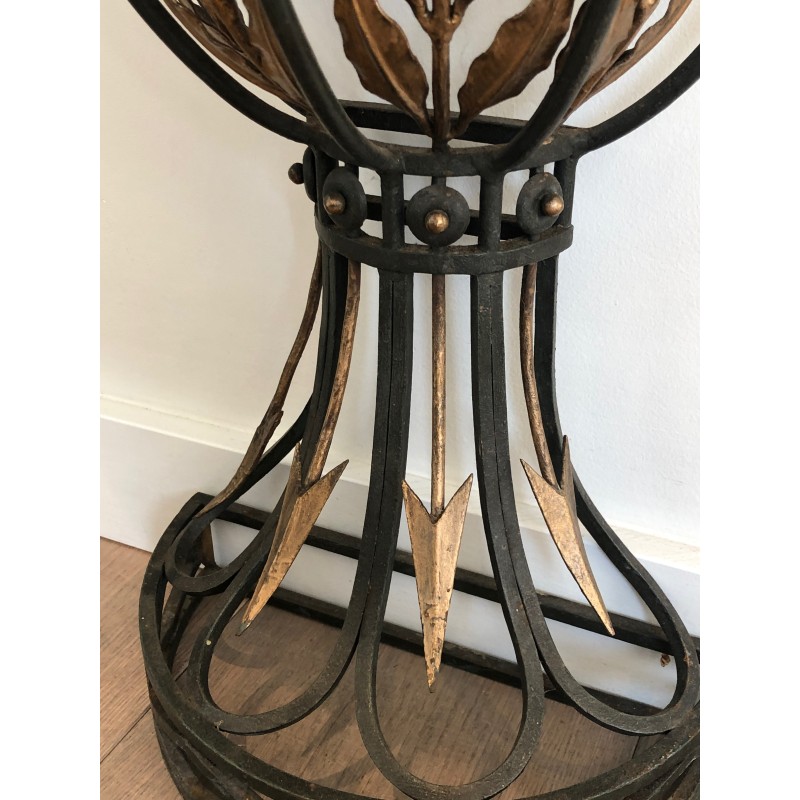 Rare Petite Console Demi-Lune en Fer Forgé à Décors de Feuilles et Flèches et Plateau de Marbre, Travail Français, Vers 1940