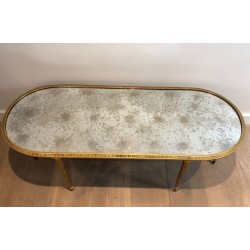 Table Basse en Bronze Façon Faux-Bambou à Plateau de Miroir Églomisé de la Maison Baguès, Travail Français, Vers 1940