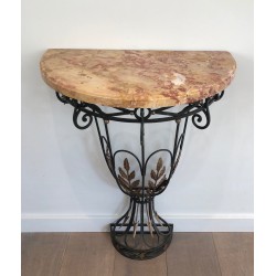 Rare Petite Console Demi-Lune en Fer Forgé à Décors de Feuilles et Flèches et Plateau de Marbre, Travail Français, Vers 1940