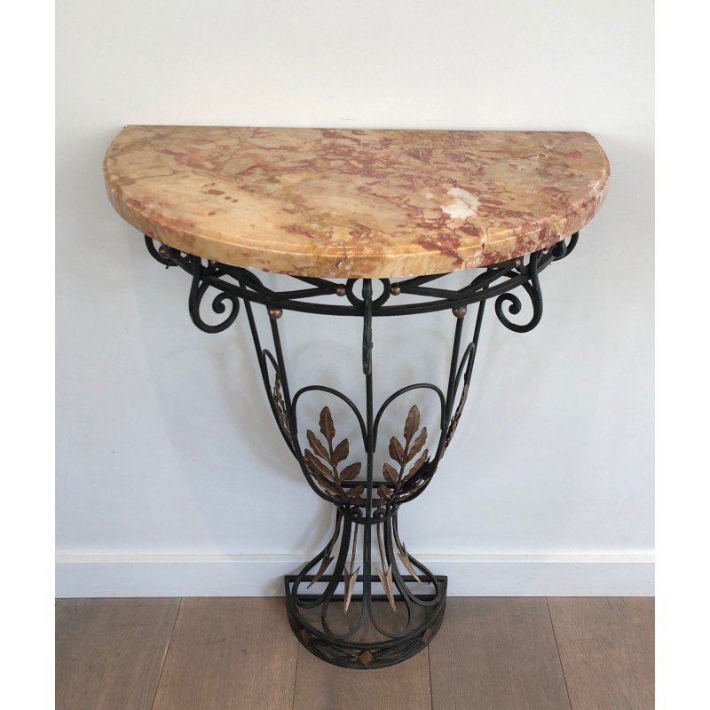 Rare Petite Console Demi-Lune en Fer Forgé à Décors de Feuilles et Flèches et Plateau de Marbre, Travail Français, Vers 1940