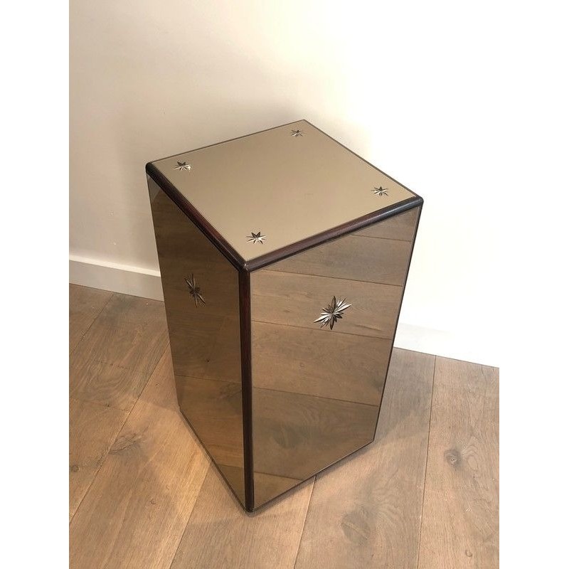 Art Deco Pedestal with Engraved Mirror Panels and Wood, French Work, Circa 1930