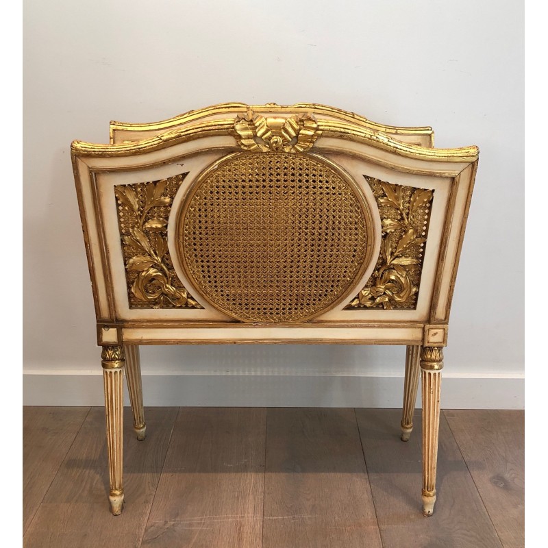 Large Louis XVI Style Magazine Rack in Patinated and Gilded Carved Wood with Caned Panels, French Work, Circa 1880
