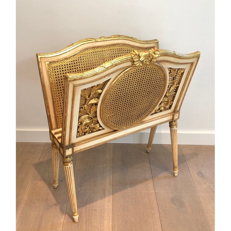 Large Louis XVI Style Magazine Rack in Patinated and Gilded Carved Wood with Caned Panels, French Work, Circa 1880