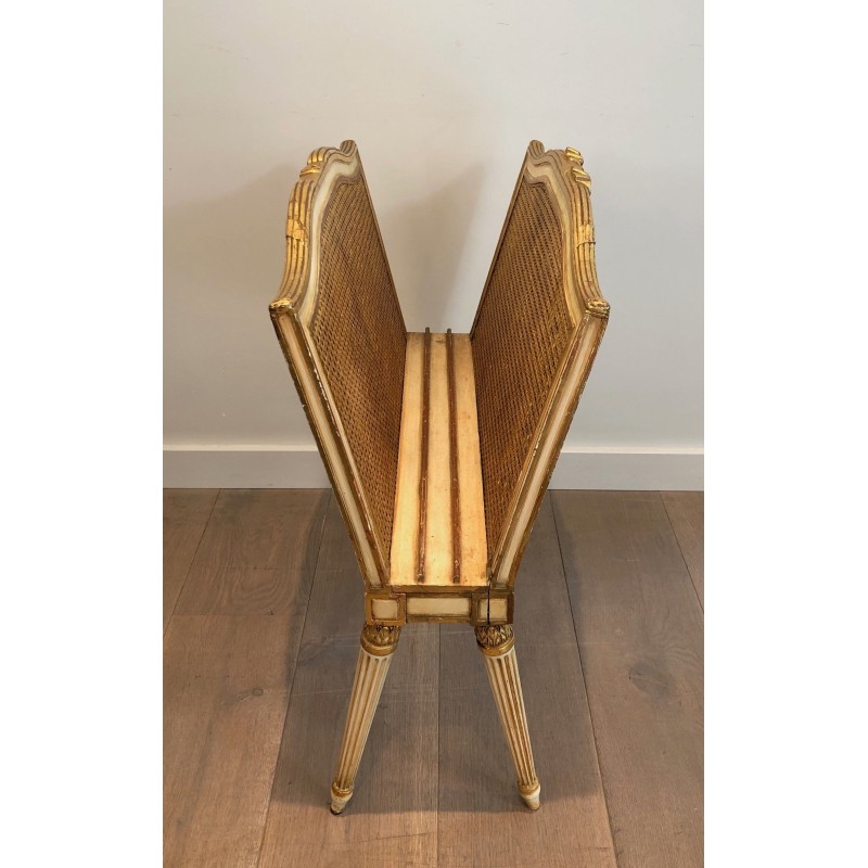 Large Louis XVI Style Magazine Rack in Patinated and Gilded Carved Wood with Caned Panels, French Work, Circa 1880