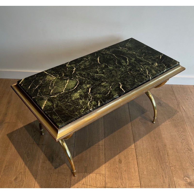 Table Basse Néoclassique en Laiton et Marbre Vert de Raymond Subes, Travail Français, Vers 1940