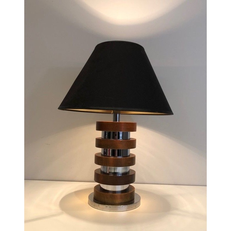 Lampe de Table Design à Cercles Concentriques de Bois et Chrome, Travail Français, Vers 1970