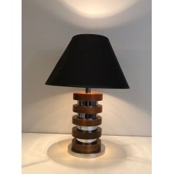 Lampe de Table Design à Cercles Concentriques de Bois et Chrome, Travail Français, Vers 1970