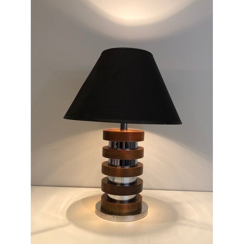 Lampe de Table Design à Cercles Concentriques de Bois et Chrome, Travail Français, Vers 1970