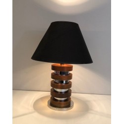 Lampe de Table Design à Cercles Concentriques de Bois et Chrome, Travail Français, Vers 1970