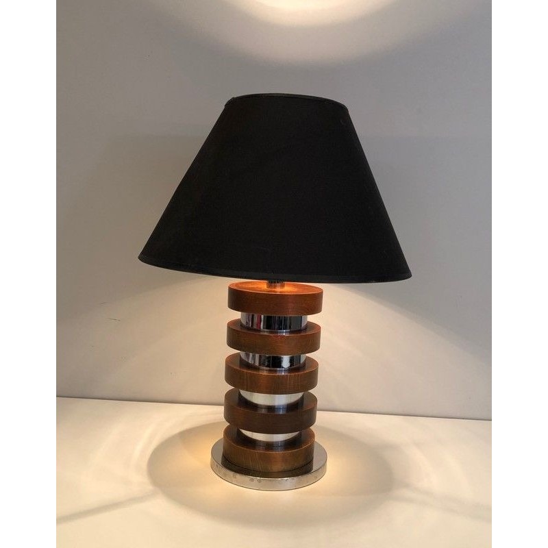 Lampe de Table Design à Cercles Concentriques de Bois et Chrome, Travail Français, Vers 1970