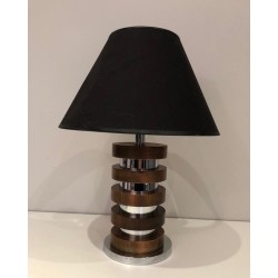 Lampe de Table Design à Cercles Concentriques de Bois et Chrome, Travail Français, Vers 1970