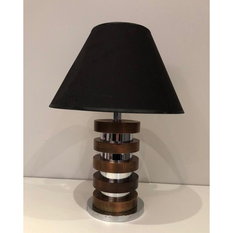 Lampe de Table Design à Cercles Concentriques de Bois et Chrome, Travail Français, Vers 1970
